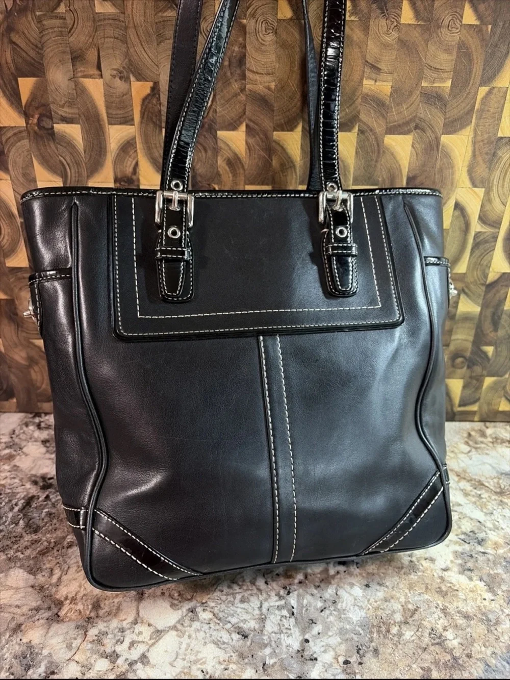 Coach Black Leather Tote with White Contrast Stitching